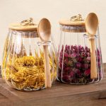 Elegant Ribbed Glass Storage Jar with Bamboo Lid & Spoon (700ml) – Airtight Kitchen Storage