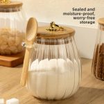 Elegant Ribbed Glass Storage Jar with Bamboo Lid & Spoon (700ml) – Airtight Kitchen Storage