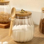 Elegant Ribbed Glass Storage Jar with Bamboo Lid & Spoon (700ml) – Airtight Kitchen Storage