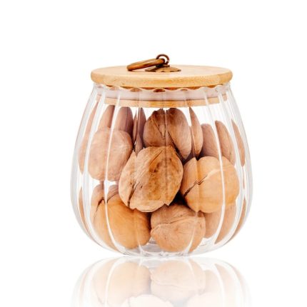Elegant Ribbed Glass Storage Jar 700ml – Airtight Bamboo Lid Kitchen Container