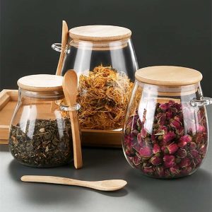 Glass Storage Jar with Bamboo Lid and Spoon – Airtight Eco-Friendly Kitchen Storage Container