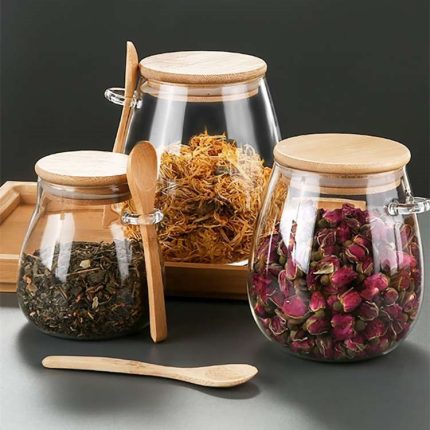 Glass Storage Jar with Bamboo Lid and Spoon – Airtight Eco-Friendly Kitchen Storage Container