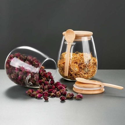 Glass Storage Jar with Bamboo Lid and Spoon – Airtight Eco-Friendly Kitchen Storage Container