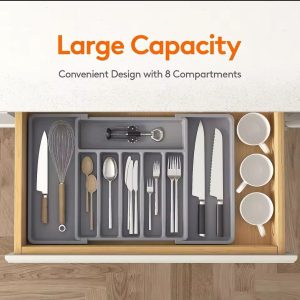 Expandable Cutlery Drawer Organizer – BPA-Free Adjustable Kitchen Tray (Grey, Black, White)