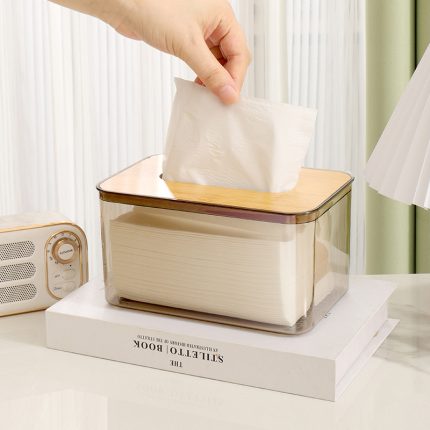 Modern Nordic Minimalist Tissue Box with Bamboo Lid – Transparent Japanese Style Desk Organiser