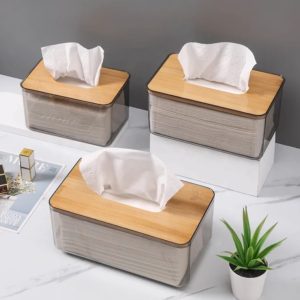 Modern Nordic Minimalist Tissue Box with Bamboo Lid – Transparent Japanese Style Desk Organiser