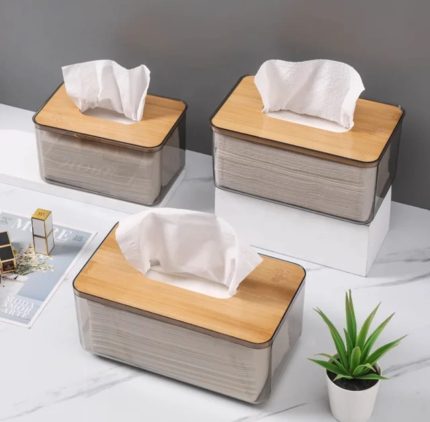 Modern Nordic Minimalist Tissue Box with Bamboo Lid – Transparent Japanese Style Desk Organiser