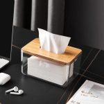 Modern Nordic Minimalist Tissue Box with Bamboo Lid – Transparent Japanese Style Desk Organiser