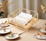 Luxury Metallic Serviette Holder with Bamboo Base – Gold & Black Napkin Holder