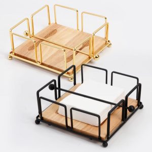 Luxury Metallic Serviette Holder with Bamboo Base – Gold & Black Napkin Holder