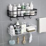 Punch Free Bathroom Shelf Storage Rack – Wall Mounted Organizer with Hooks