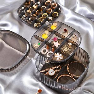 3 Layer Acrylic Jewellery Storage Box – Jewellery Organiser for Rings, Necklaces, Watches & Bracelets (Clear & Grey)