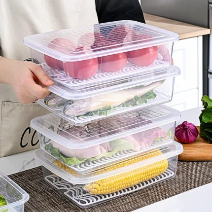 Stackable Fridge Storage Box with Drain Plate – Kitchen Organiser for Fruits, Vegetables, Meat & Fish