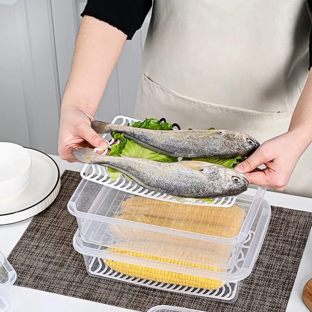 Stackable Fridge Storage Box with Drain Plate – Kitchen Organiser for Fruits, Vegetables, Meat & Fish