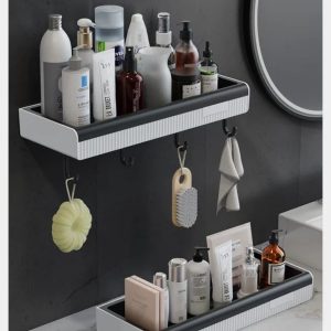 Modern Wall Mount Bathroom Shelf with Hooks – Space Saving Bathroom Organizer