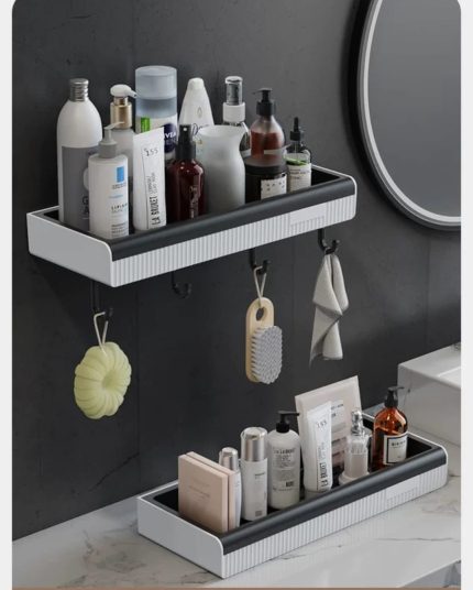 Modern Wall Mount Bathroom Shelf with Hooks – Space Saving Bathroom Organizer