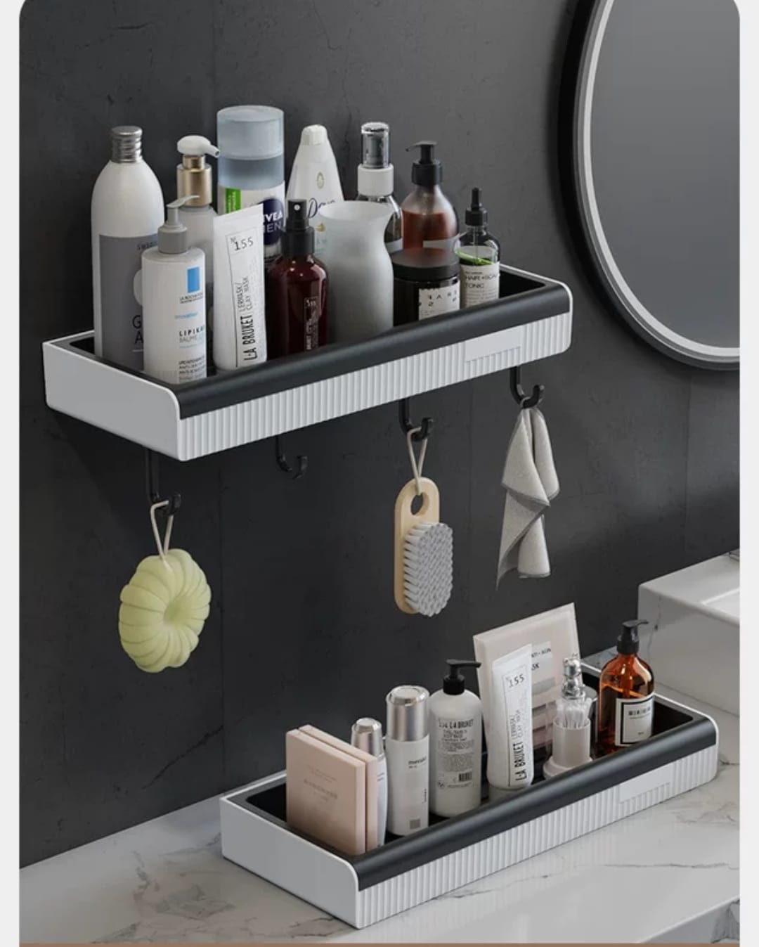 Modern Wall Mount Bathroom Shelf with Hooks – Space Saving Bathroom Organizer Modern Wall Mount Bathroom Shelf with Hooks – Space Saving Bathroom Organizer