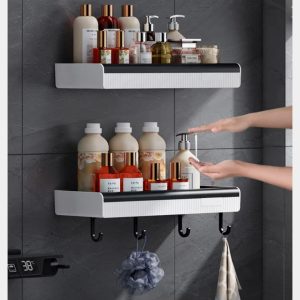 Modern Wall Mount Bathroom Shelf with Hooks – Space Saving Bathroom Organizer