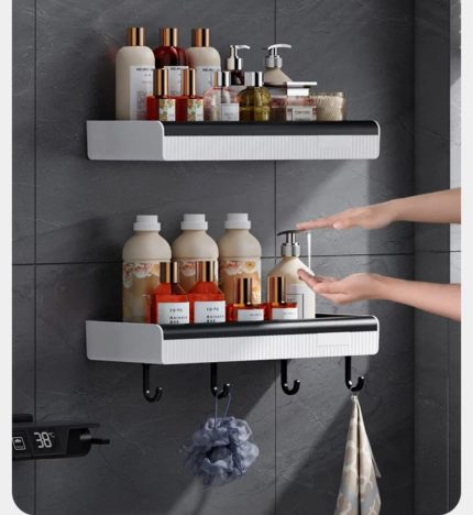 Modern Wall Mount Bathroom Shelf with Hooks – Space Saving Bathroom Organizer