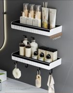 Modern Wall Mount Bathroom Shelf with Hooks – Space Saving Bathroom Organizer