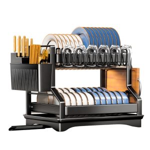 2-Tier Kitchen Dish Rack with Drain Tray – Large Capacity Dish Drainer & Utensil Holder (Black)