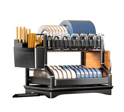 2-Tier Kitchen Dish Rack with Drain Tray – Large Capacity Dish Drainer & Utensil Holder (Black)