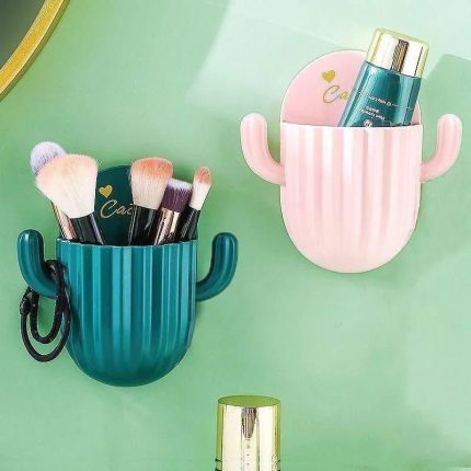 Multipurpose Self-Adhesive Cactus Storage Rack Kitchen Bathroom Toothbrush Holder Wall Mounted Organizer – White & Pink