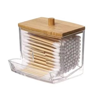 Cotton Swab Dispenser & Transparent Acrylic Make-Up Storage Organizer with Dust-Proof Lid