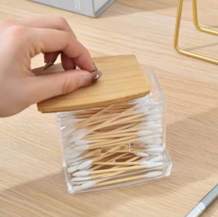 Cotton Swab Dispenser & Transparent Acrylic Make-Up Storage Organizer with Dust-Proof Lid