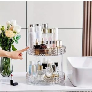 2-Tier Diamond Pattern Rotating Lazy Susan Organizer with Gold Handles