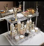 Two Tier Crystal-Like Makeup Organizer with Metallic Rabbit Accent – Elegant Vanity Storage Organizer