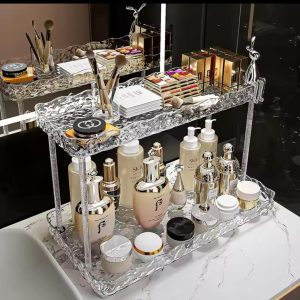Two Tier Crystal-Like Makeup Organizer with Metallic Rabbit Accent – Elegant Vanity Storage Organizer