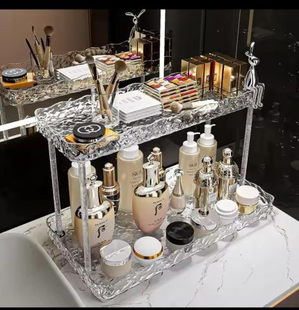 Two Tier Crystal-Like Makeup Organizer with Metallic Rabbit Accent – Elegant Vanity Storage Organizer