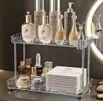 Two Tier Crystal-Like Makeup Organizer with Metallic Rabbit Accent – Elegant Vanity Storage Organizer