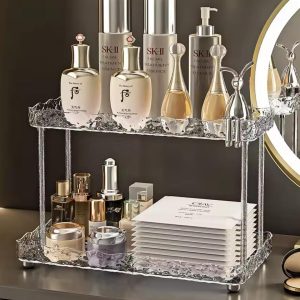 Two Tier Crystal-Like Makeup Organizer with Metallic Rabbit Accent – Elegant Vanity Storage Organizer
