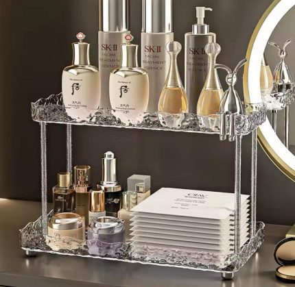 Two Tier Crystal-Like Makeup Organizer with Metallic Rabbit Accent – Elegant Vanity Storage Organizer