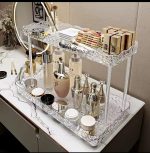 Two Tier Crystal-Like Makeup Organizer with Metallic Rabbit Accent – Elegant Vanity Storage Organizer