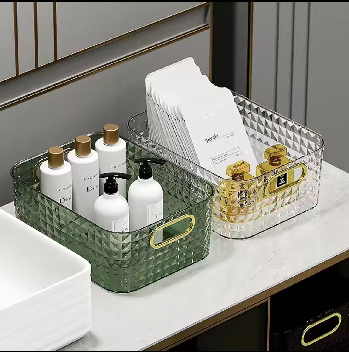 Multipurpose Spice Makeup Bathroom Organizer Basket – Clear & Green Storage Basket 27x21x10cm Multipurpose Spice Makeup Bathroom Organizer Basket – Clear & Green Storage Basket 27x21x10cm