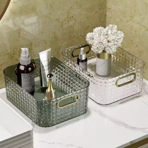 Multipurpose Spice Makeup Bathroom Organizer Basket – Clear & Green Storage Basket 27x21x10cm