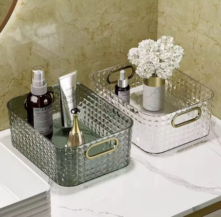 Multipurpose Spice Makeup Bathroom Organizer Basket – Clear & Green Storage Basket 27x21x10cm