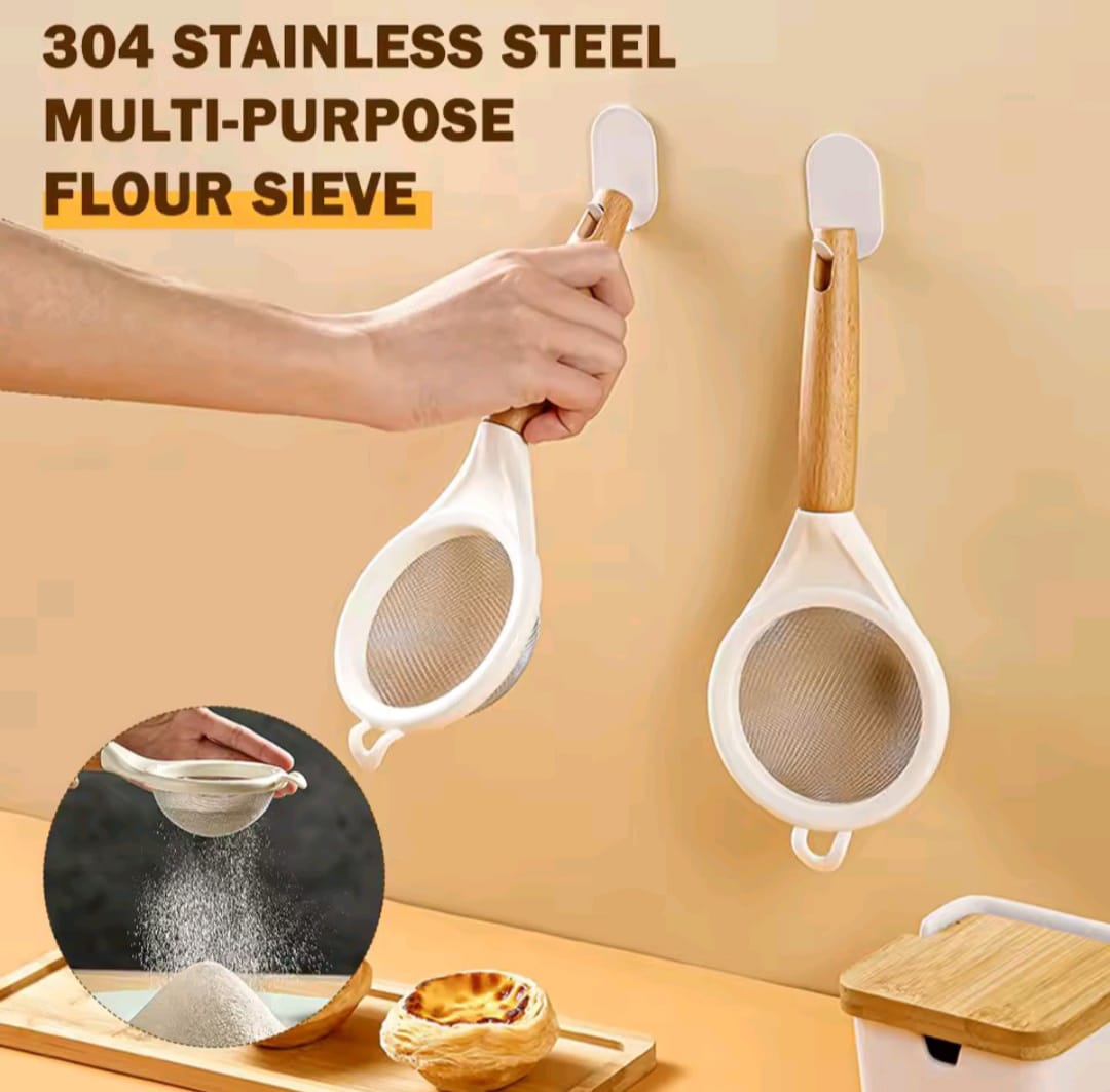 Wooden Handle Stainless Steel Fine Mesh Sieve Strainer – Multipurpose Kitchen Flour & Tea Strainer