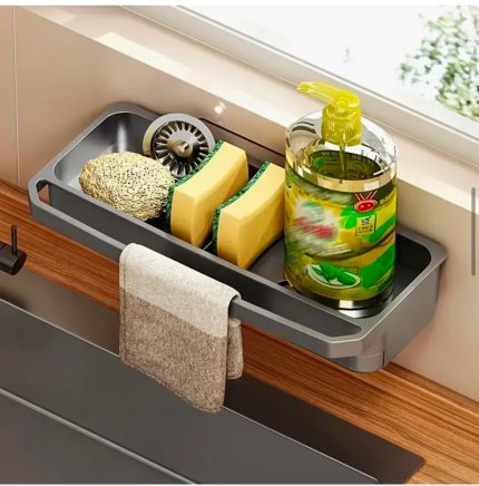 Wall-Mounted Sink Caddy Organizer with Drip Tray & Dish Cloth Holder