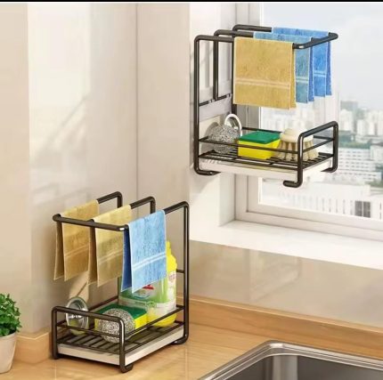 Metallic Sink Caddy with Draining Tray & Adhesive Mount – Black Kitchen Sink Organizer