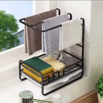 Metallic Sink Caddy with Draining Tray & Adhesive Mount – Black Kitchen Sink Organizer