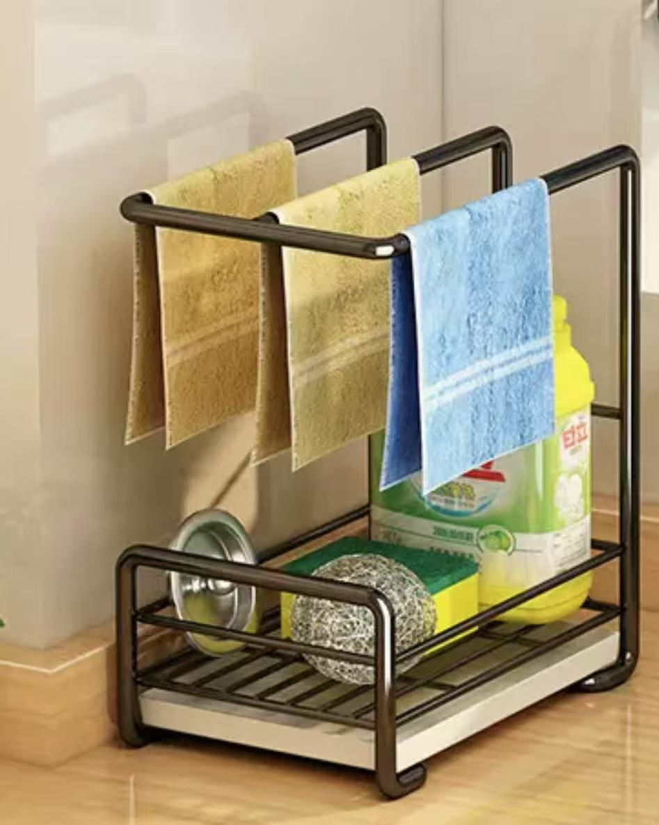 Metallic Sink Caddy with Draining Tray & Adhesive Mount – Black Kitchen Sink Organizer
