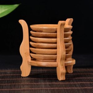 Creative Bamboo Coasters with 6-Claw Cup Storage Rack – Stylish & Space Saving Table Coasters