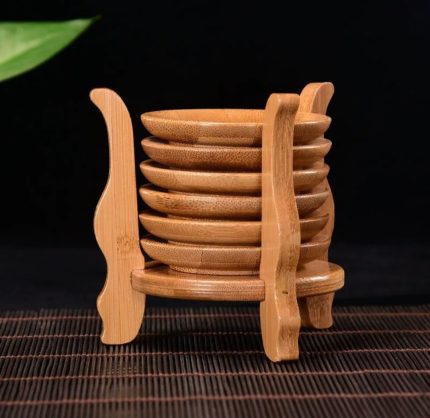 Creative Bamboo Coasters with 6-Claw Cup Storage Rack – Stylish & Space Saving Table Coasters