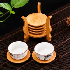 Creative Bamboo Coasters with 6-Claw Cup Storage Rack – Stylish & Space Saving Table Coasters