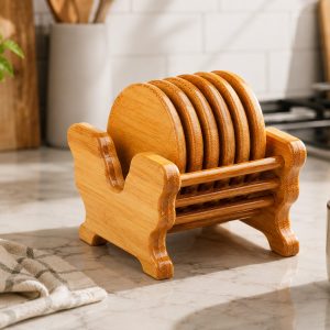 Bamboo Coaster Set with Holder Stand – Elegant Heat Resistant Drink Coasters for Tables