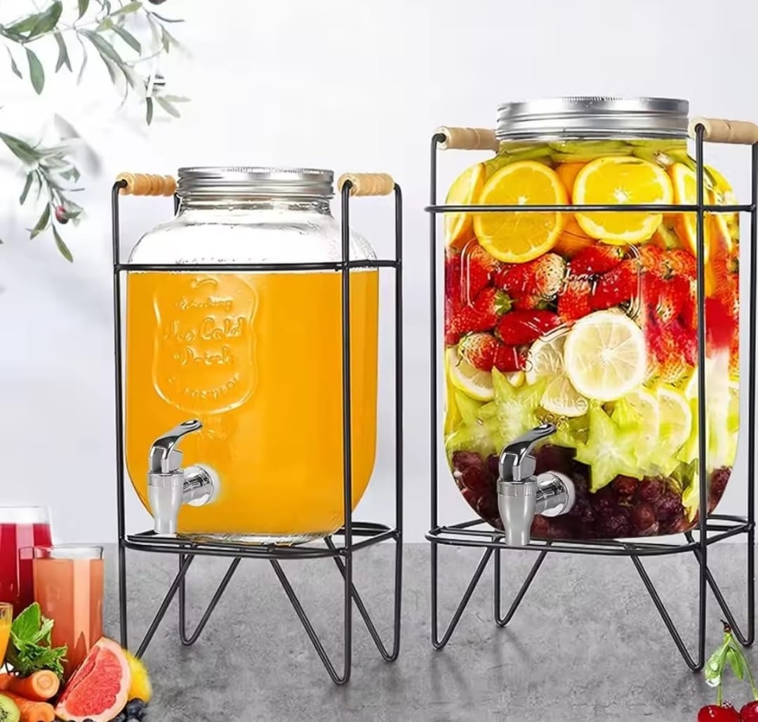 Premium Glass Juice Dispensers 5L & 8L with Metallic Stand & Tap Premium Glass Juice Dispensers 5L & 8L with Metallic Stand & Tap